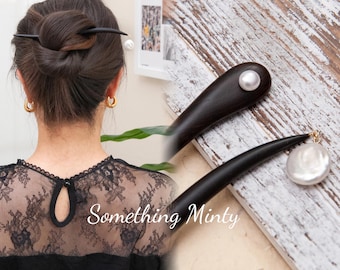 Handmade Ebony Hair Stick with Freshwater Pearl: Hair Pin