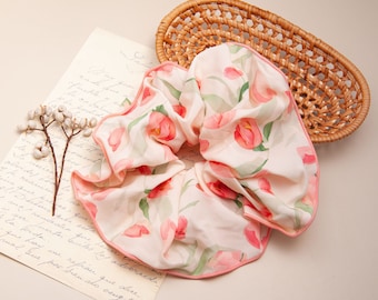 Handmade Tulip Print Scrunchie: Large Floral Hair Tie