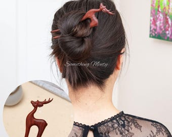 Handmade Paduak Wood Hair Pin, Deer Design, Eco-Friendly Accessory