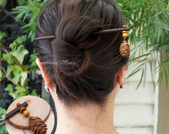 Handmade Wooden Pine Cone Hair Stick: Woodland Hair Accessory