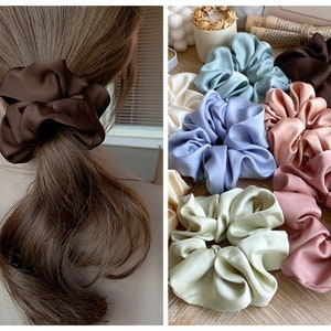 Large Neutral Earth Tone Silky Satin Scrunchies/Handmade Soft Hair Tie/Bridal Scrunchies/Bridesmaid Scrunchies/Gift for Her