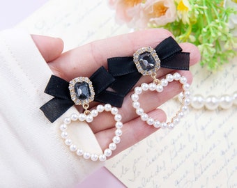 Cute velvet black bow earrings with gem hoop clip-on available