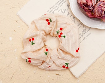 Cherry Print Scrunchie, Cotton Hair Tie, Handmade Hair Accessory