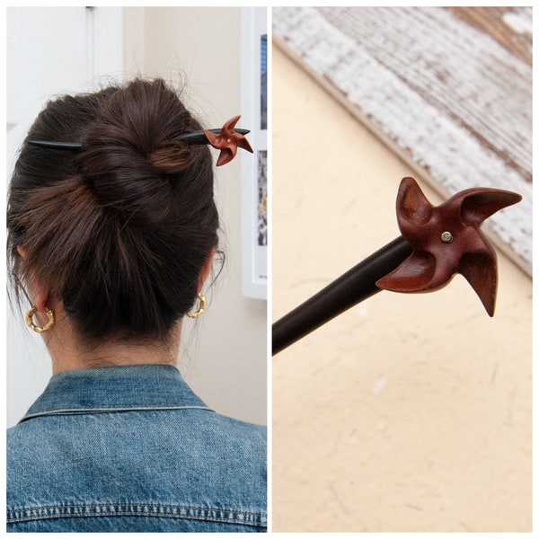 Handmade Wood Hair Stick with Windmill,  Rustic Hair Accessory, Hand Carved Hair Pin, Unique Hair Stick, Wooden Hair Stick, Gift for Her