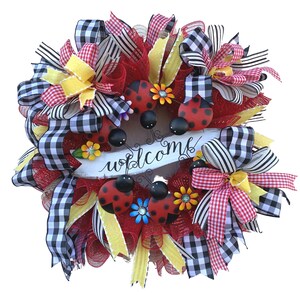 ladybug wreath for front door, Lady Bug summer Mesh Wreath, Everyday Welcome Lady Bug summer Mesh Wreath, Ladybug Summer Porch Décor