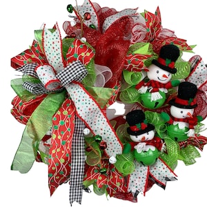 Classical Christmas Snowman Wreath for Front Door, Showman Wreath for Front Door, Whimsical Christmas  Red White Green Wreath for Mantel