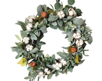Winter Wreath for Front Door Decorations, Lambs Ear Wreath, Winter Wreath for Front Door Decorations, Lambs Ear with Cotton Ball Wreath
