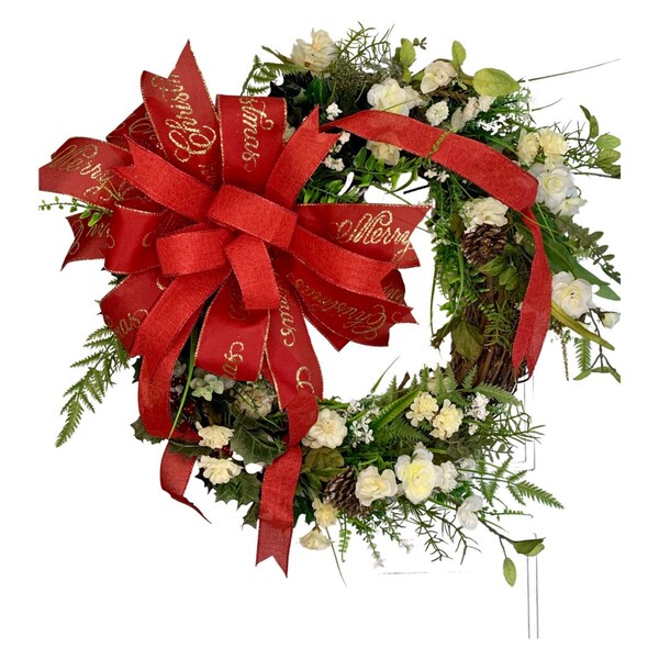 Natural Christmas Wreath for Front Door, Merry Christmas Wreath for Font Door,  Merry Christmas Bow, Classica Christmas Wreath Front Door