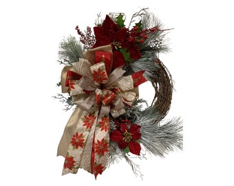 Pine Door Wreath, Red Poinsettias Door Wreath, Red Christmas Wreath, Red Berry Wreath,  Red Berries Grapevine Wreath, Christmas Decorations