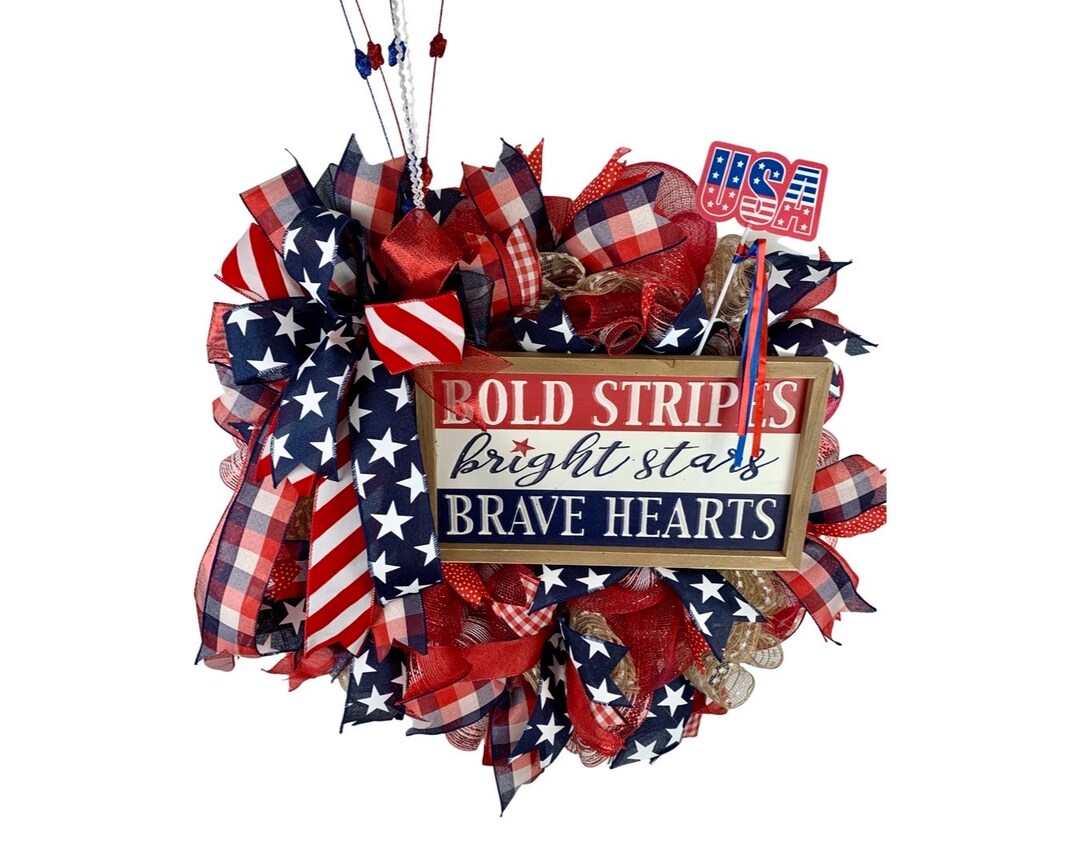 Americana Wreath for Front Door 4th of July Mesh Wreath Blue Etsy