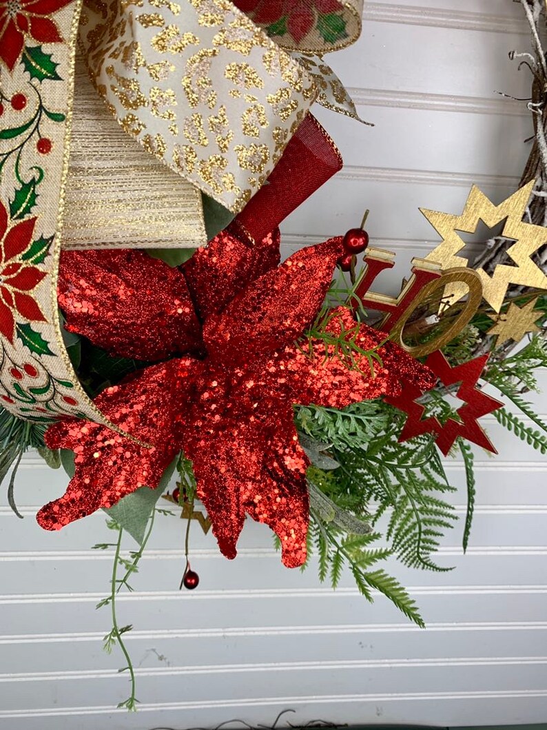 Elegant Christmas Grapevine Wreath With Flocked Pine, Red Poinsettias ...