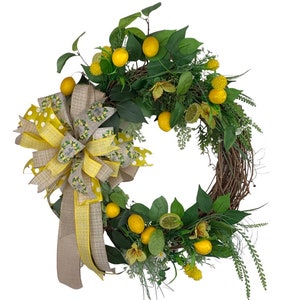 Summer Lemon Wreath for Front Door, Farmhouse lemon Wreath, Lemon Front Door Wreath, Kitchen Lemon Wreath, White Flowers Blooms Wreath