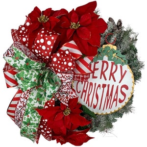 Traditional Christmas Wreath For Front Door, Elegant Flocked Evergreen Christmas Wreath with Red Poinsettias, Berries & “Merry Christmas”