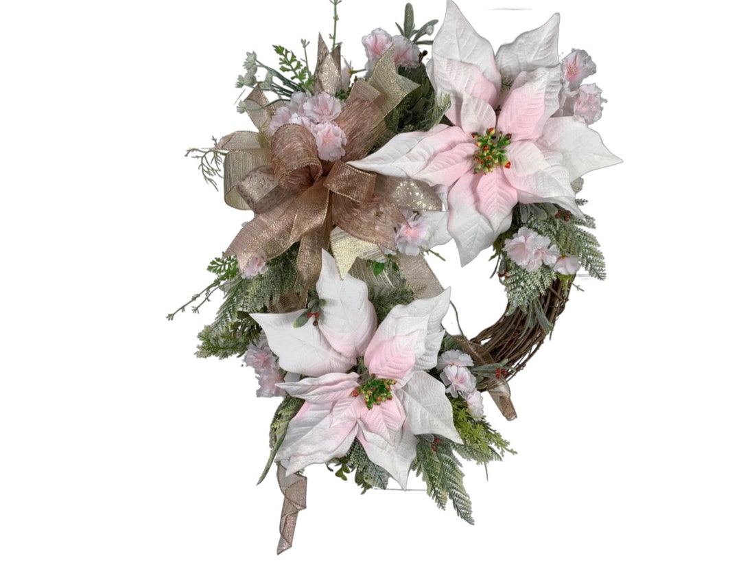 Pink Poinsettias Wreath for Front Door, Pink and Gold Poinsettias ...