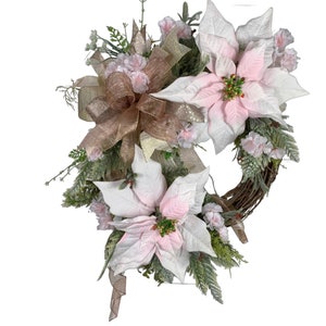 Pink Poinsettias Wreath for Front Door, Pink and Gold Poinsettias Wreaths to decorate fireplace mantel, Winter Pink Poinsettias Door Décor,