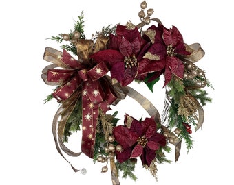 Poinsettia Wreath, Burgundy Poinsettia Farmhouse Wreath, Traditional Christmas Wreath For Front Door, Flocked Christmas Wreath, Poinsettias