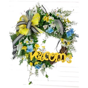 Yellow and White Daisy Wreath with Welcome Sign – 24 Inch Grapevine Wreath for Front Door, Summer and Spring Home Decor