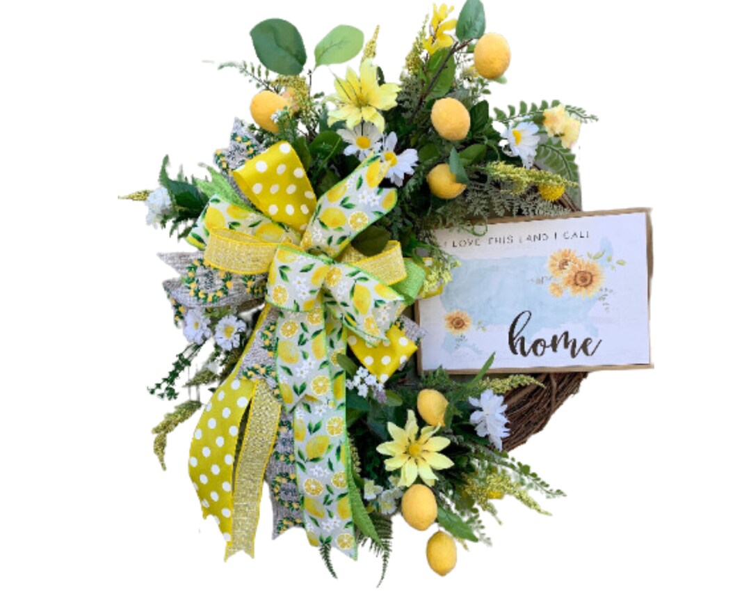 Rustic Lemon Wreath With Welcome Sign, Yellow and White Floral ...