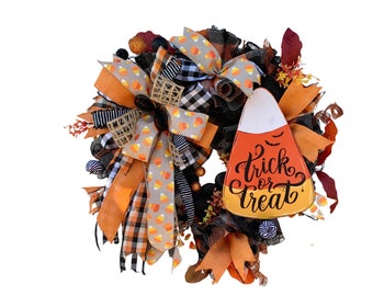 Halloween Candy Corn Wreath for Front Door, Halloween Candy Corn Deco  Mesh Wreath, Halloween Candy Corn Deco  Mesh Wreath Porch Decor