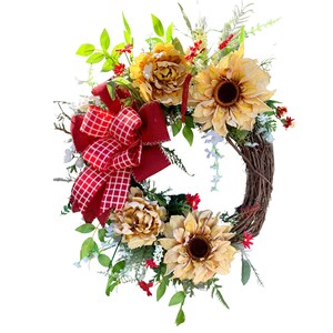 sunflower and peonies wreath for front door, Yellow and red floral Mother’s Day Wreath Gift, Everyday Yellow Sunflower Wreath for Front Door