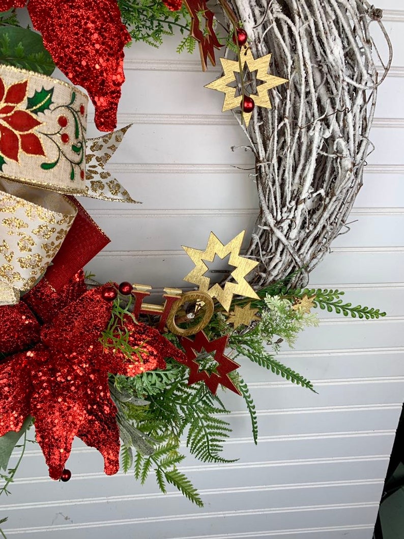 Elegant Christmas Grapevine Wreath With Flocked Pine, Red Poinsettias ...