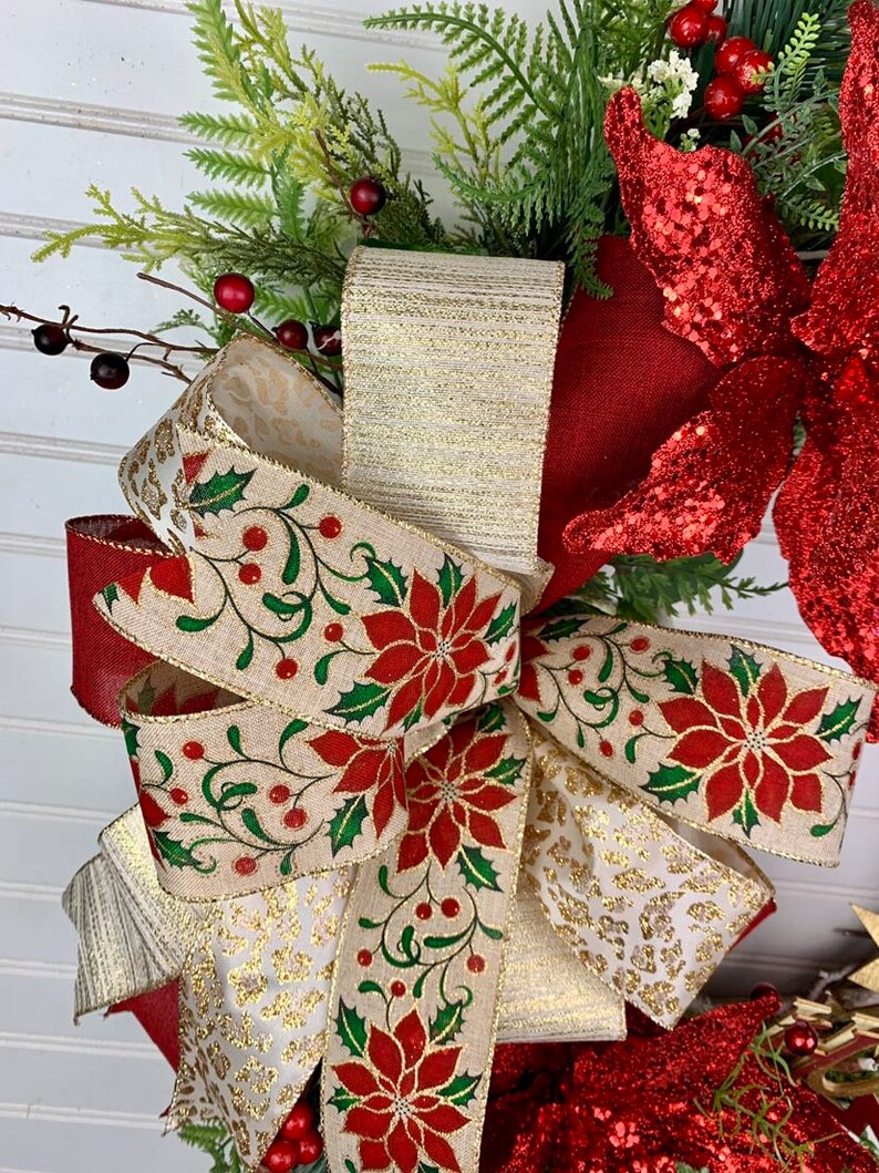 Elegant Christmas Grapevine Wreath With Flocked Pine, Red Poinsettias ...
