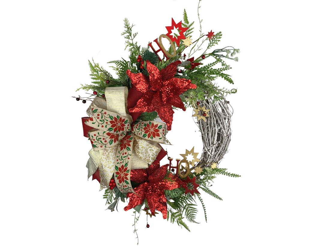 Elegant Christmas Grapevine Wreath With Flocked Pine, Red Poinsettias ...