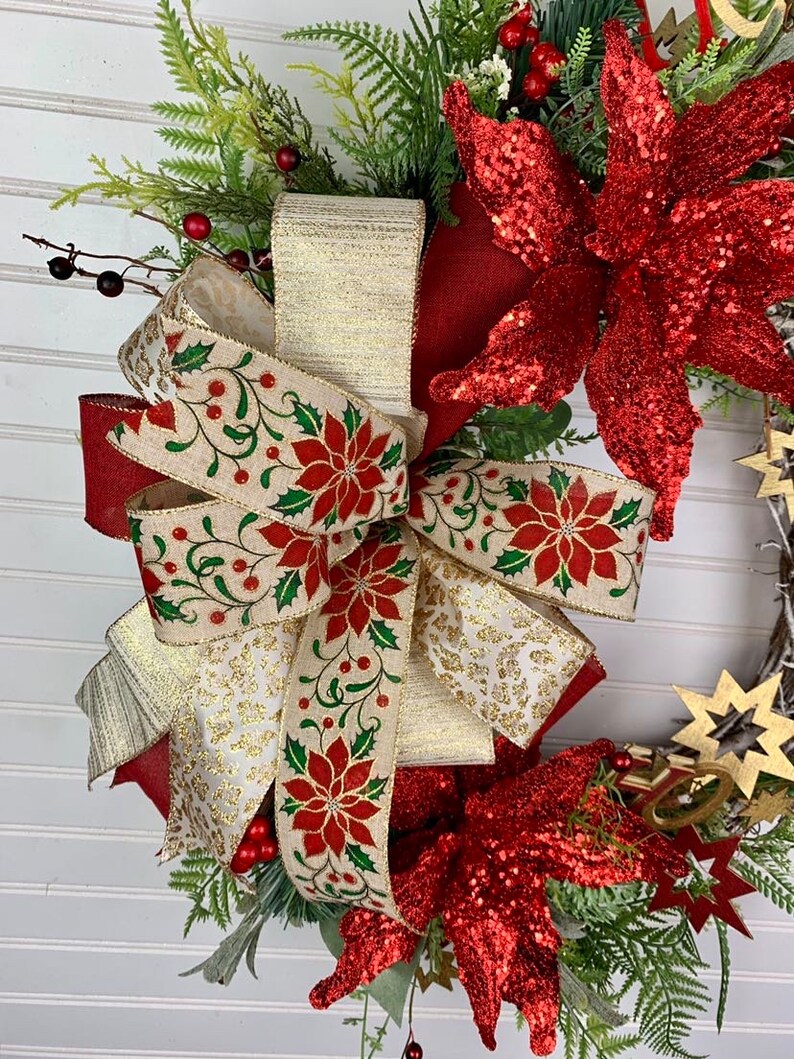 Elegant Christmas Grapevine Wreath With Flocked Pine, Red Poinsettias ...