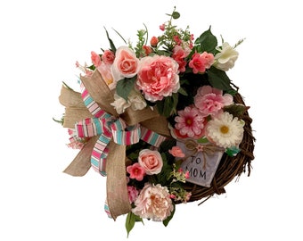 Mothers Day Gift for Her, Mothers Day Gift for Mom, Pink and White Florals wreath for Mothers Day, Mothers Day Wall Décor, Spring Home Décor