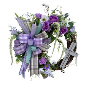 Purple Easter Wreath with a Cross, Purple Easter Wreath with a Cross for Front Door, Religious Easter Twig with a wooden cross for Mantle