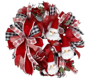 Red and White Santa wreath, Holiday Christmas Deco Mesh Wreath, Whimsical Christmas Wreath Front Door