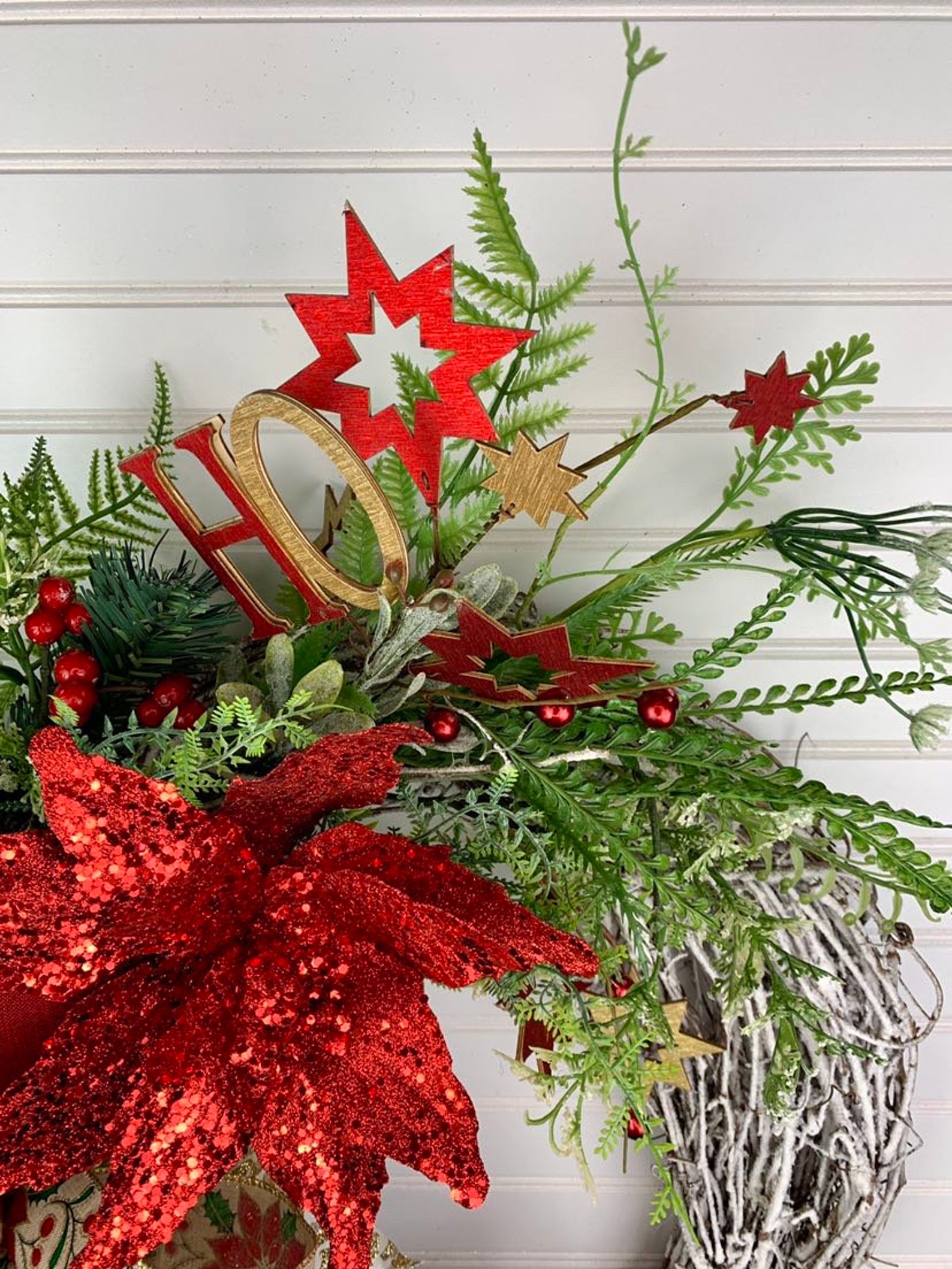 Elegant Christmas Grapevine Wreath With Flocked Pine, Red Poinsettias ...