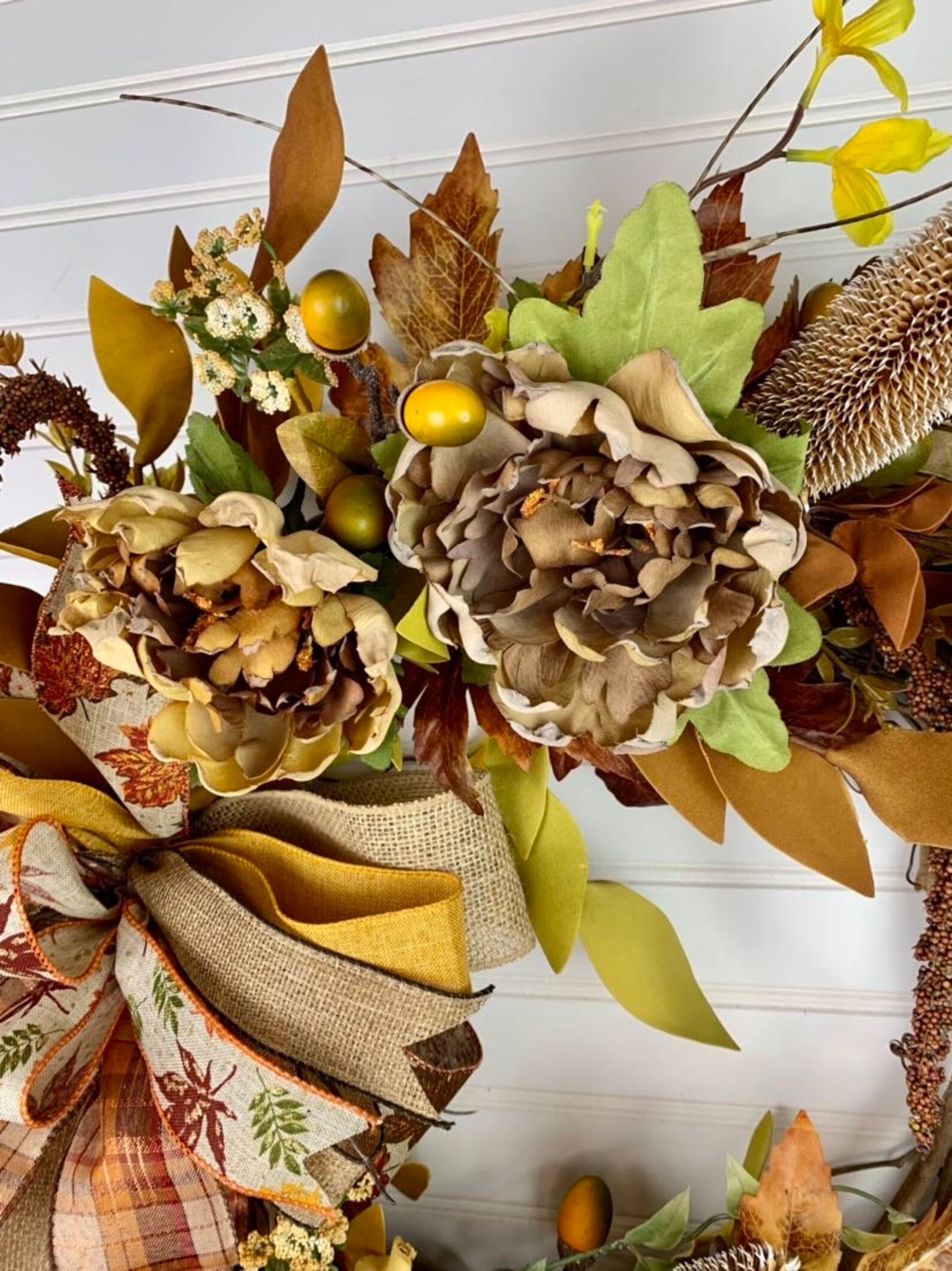 Rustic Fall Wreath, Farmhouse Brown Peonies Wreath, Natural Fall Leaves Wreath, Nature Leaf