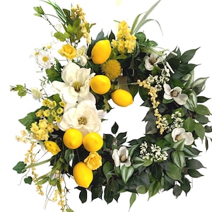 Lemon Wreath for Front Door,  Every Day Wreath, Year Round Wreath, Spring Wreath, Summer Wreath, Magnolia Flowers Hanger, White Hydrangeas