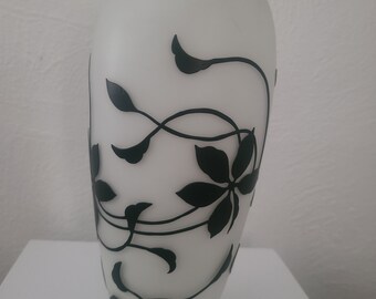 Opaline Style Art Glass Vase with Black Relief Design