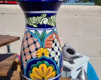 Talavera Vase Mexico Tall Cobalt Floral