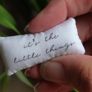 May include: A small white pillow with the text "it's the little things" printed in black.