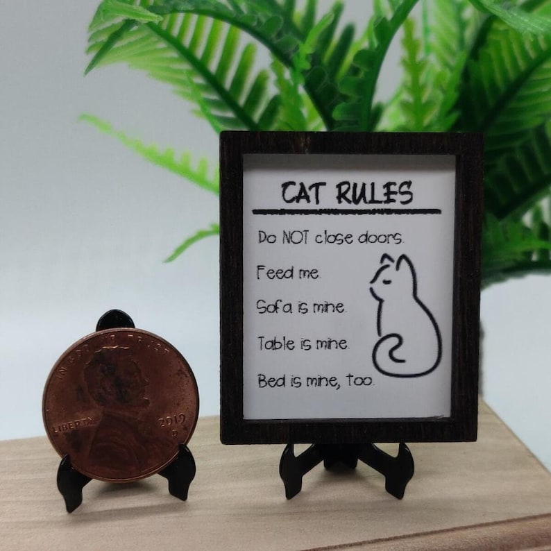 May include: A black framed sign with white text that reads "CAT RULES" and lists rules for cats, including "Do NOT close doors", "Feed me", "Sofa is mine", "Table is mine", and "Bed is mine, too". A black and white illustration of a cat is included on the sign.