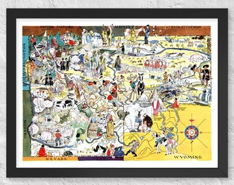 Impresión de mapa de Idaho y Montana de 1932 / Póster ilustrado vintage