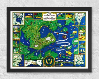 Impression de carte de Portland, Maine, 1928 – oeuvres d'art murales illustrées vintage