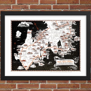 May include: A black and white map of Newport's famous Ten Mile Drive, showing the ocean drive and the locations of mansions along the route. The map is framed in a black frame.