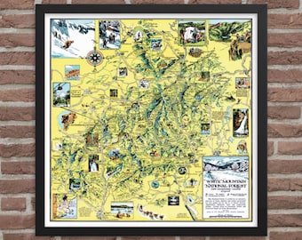 Stampa della mappa delle White Mountains degli anni '40 / Arte vintage del New Hampshire e del Maine