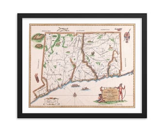 May include: An antique map of Connecticut, drawn by Thomas Chalkley, showing the state's original boundaries and the names of the Native American tribes who lived there. The map is printed on a cream-colored background with brown lines and text.
