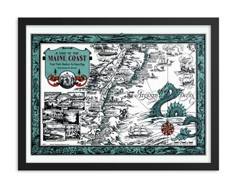 1929 Maine Coast Map Print | York Harbor to Saco Bay, Sea Monster Art