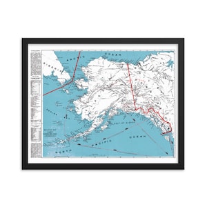 Puede incluir: Un mapa vintage de Alaska con un fondo azul y líneas rojas que muestran las principales carreteras y ferrocarriles. El mapa incluye el texto "WILLOUGHBY'S MAP OF ALASKA" y "EXPRESS MAIL ROUTES".