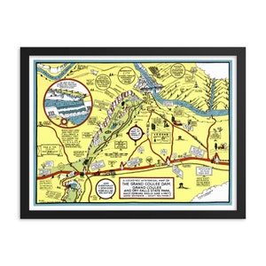 1937 Washington State Novelty Map, Grand Coulee Dam & Dry Falls State Park  | Antique History Vintage Poster | Great gift for Housewarming