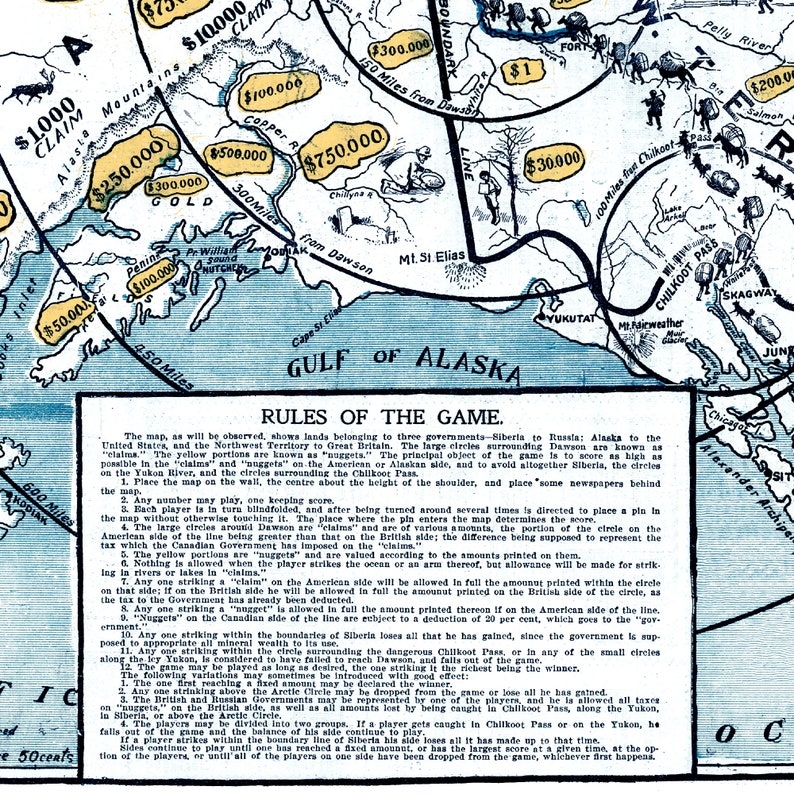 1897 Map of Alaska Board Game going to Klondyke Etsy
