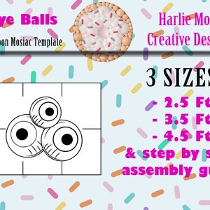 Puede incluir: Un dibujo en blanco y negro de tres ojos sobre un fondo blanco. El dibujo está dividido en cuatro secciones por líneas negras. El texto "Eye Balls" está en letras rosas en la parte superior de la imagen. El texto "Balloon Mosiac Template" está en letras rosas debajo del dibujo. El texto "Harlie Moon Creative Designs" está en letras rosas en la parte superior derecha de la imagen. El texto "3 SIZES" está en letras rosas en la parte superior derecha de la imagen. El texto "2.5 Ft", "3.5 Ft" y "4.5 Ft" está en letras rosas debajo del texto "3 SIZES". El texto "& step by step assembly guide" está en letras rosas debajo del texto "4.5 Ft".