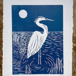 Heron Moonlight Linocut