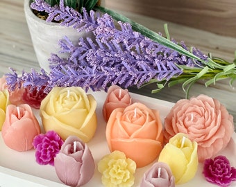 Blumen Kerzen Set | Blumen Kerze | Geschenk für Mama | Geschenk für Sie | Kerze Rose | Kerze Pfingstrose | Kerze Tulip | Bienenwachs-Kerze